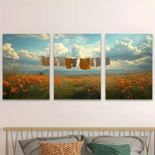 3pcs Rustic Clothesline Field Landscape w Wall Art Set Canvas Framed 60x90cm - High Quality Print 100% Australian Made Wall Canvas Ready to Hang