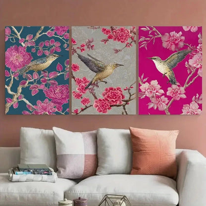 3pcs Vintage Vietnamese Floral Pink Illustration Wall Art Set Canvas Framed 50x70cm - High Quality Print 100% Australian Made Wall Canvas Ready to Hang