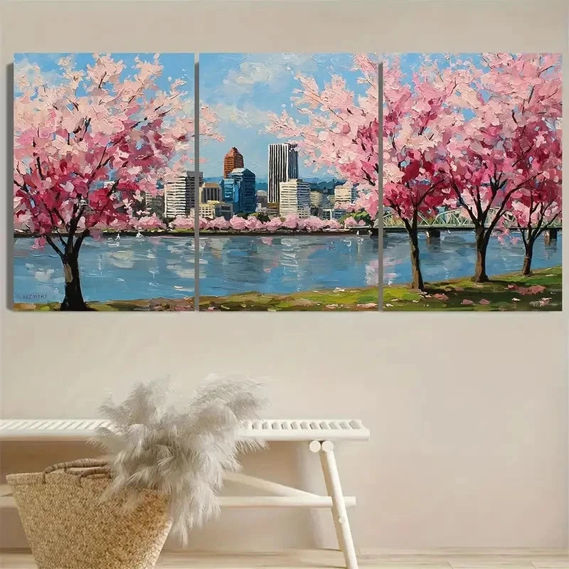 3pcs Cherry Blossoms Cityscape Sakura Artwork Wall Art Set Canvas Framed 50x70cm - High Quality Print 100% Australian Made Wall Canvas Ready to Hang