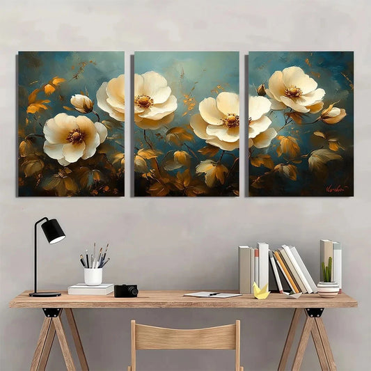 3pcs Vintage White Flowers Elegant Roses Metal Print Ready to Hang Art