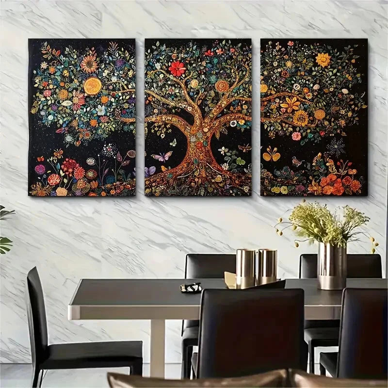 3pcs Vibrant Tree of Life Embroidery Butterfly Metal Print Ready to Hang Art