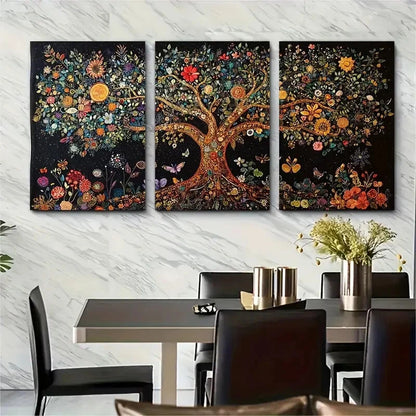 3pcs Vibrant Tree of Life Embroidery Butterfly Metal Print Ready to Hang Art