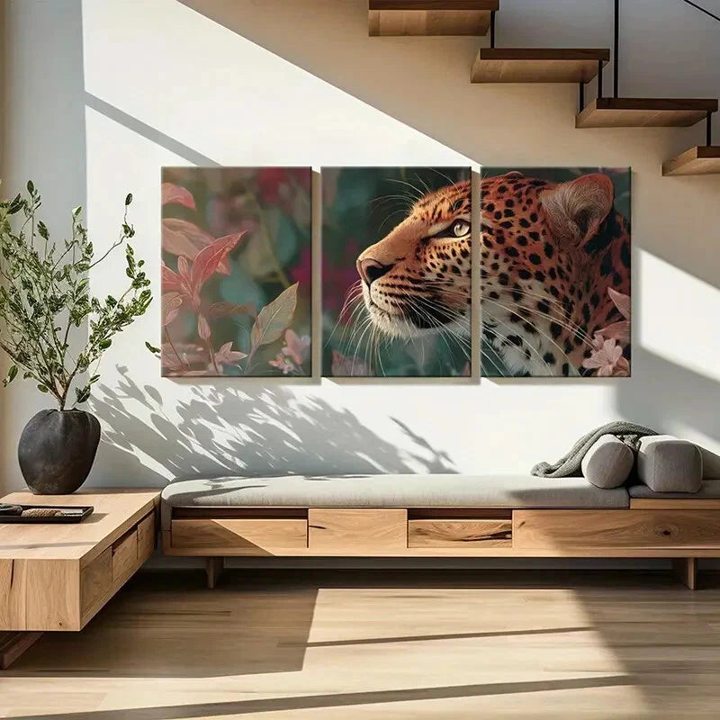 3pcs Artistic Leopard Portrait Floral Surroundings Metal Print Ready to Hang Art