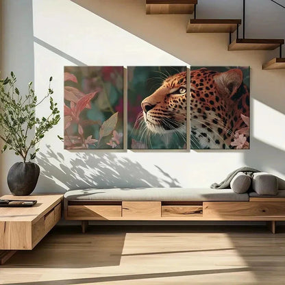 3pcs Artistic Leopard Portrait Floral Surroundings Metal Print Ready to Hang Art