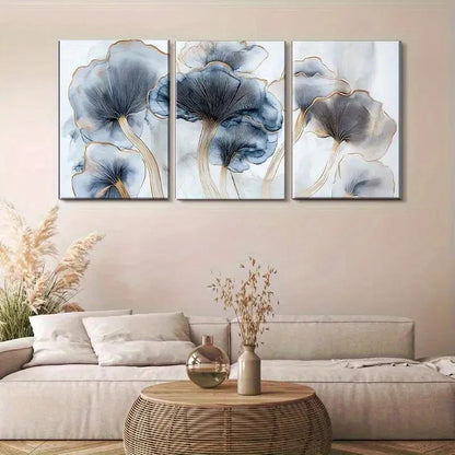3pcs Three-Piece Blue and Golden Mushroom Metal Print Ready to Hang Art