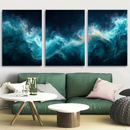 3pcs Moody Abstract Blue & Golden Floral Design Metal Print Ready to Hang Art