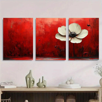 3pcs Modern Abstract Red & White Flower Metal Print Ready to Hang Art