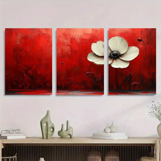3pcs Modern Abstract Red & White Flower Metal Print Ready to Hang Art