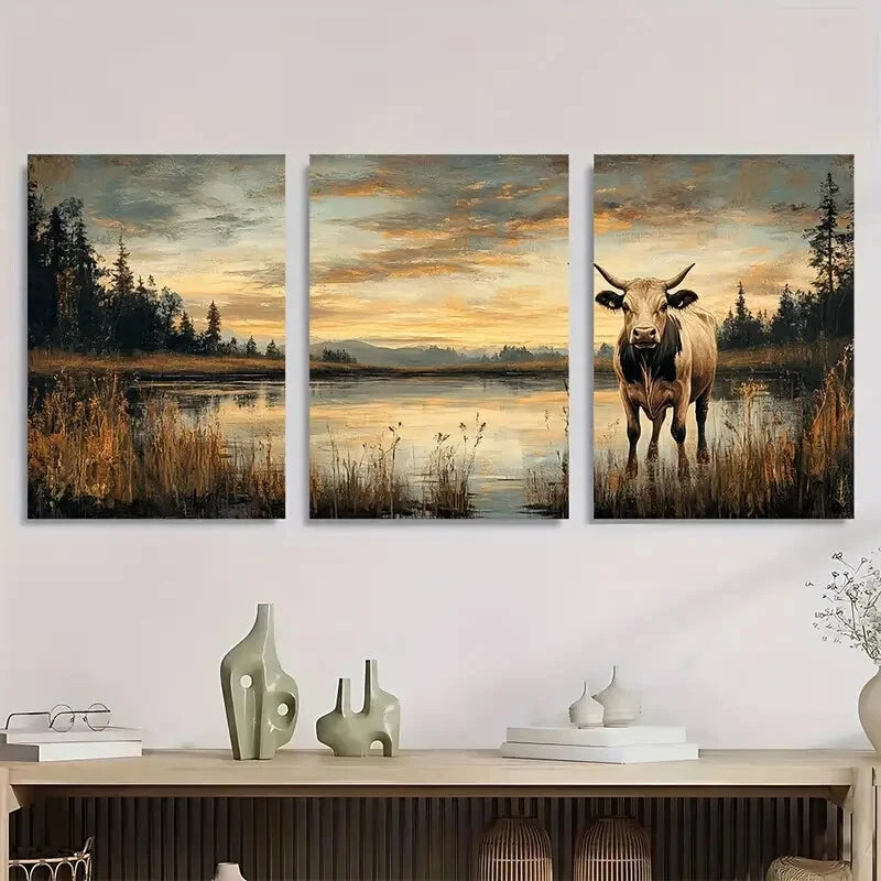 3pcs Vintage Cow Meadow Landscape Metal Print Ready to Hang Art