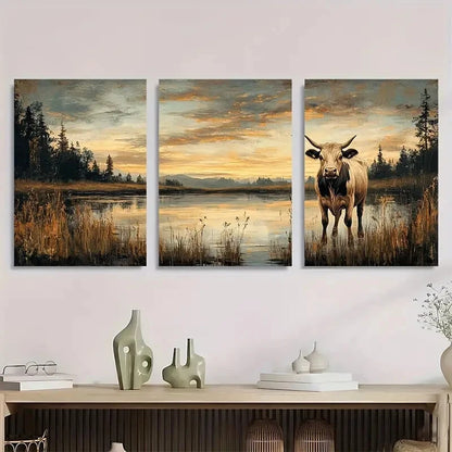 3pcs Vintage Cow Meadow Landscape Metal Print Ready to Hang Art
