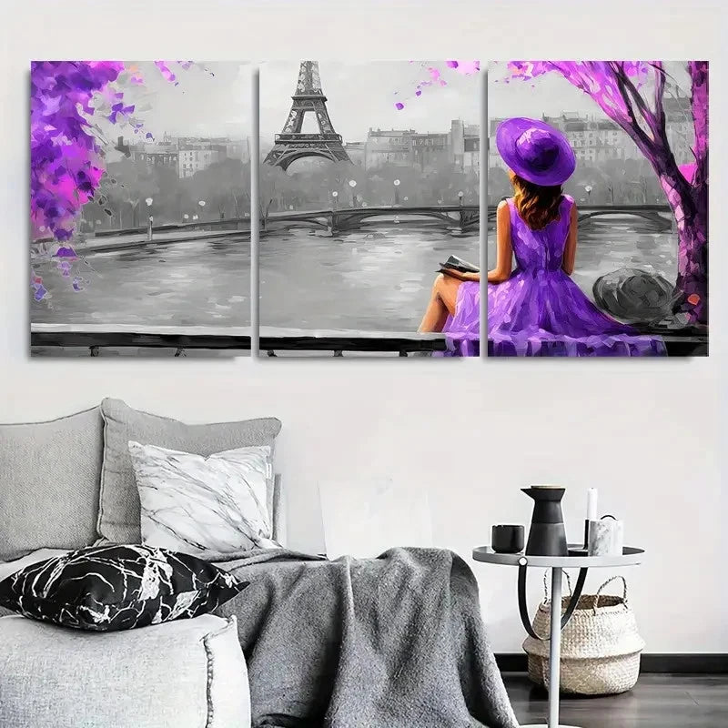 3pcs Eiffel Tower Scene Reading Woman Purple Metal Print Ready to Hang Art