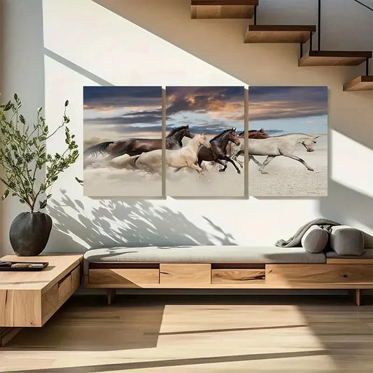 3pcs Vibrant Sunset Scene with Dusty Trail Metal Print Ready to Hang Art