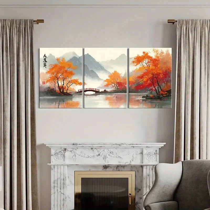3pcs Zen-Inspired Autumn Landscape Mountain SceneryMetal Print Ready to Hang Art