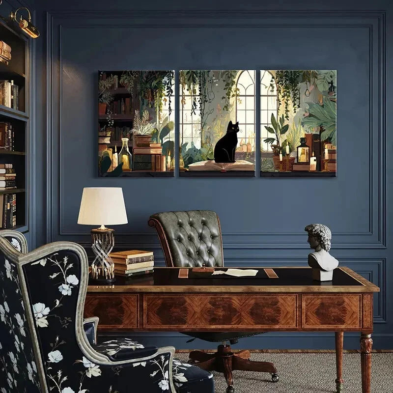 3pcs Black Cat Vintage Books Candles Green Plants Metal Print Ready to Hang Art