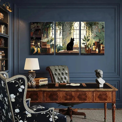 3pcs Black Cat Vintage Books Candles Green Plants Metal Print Ready to Hang Art