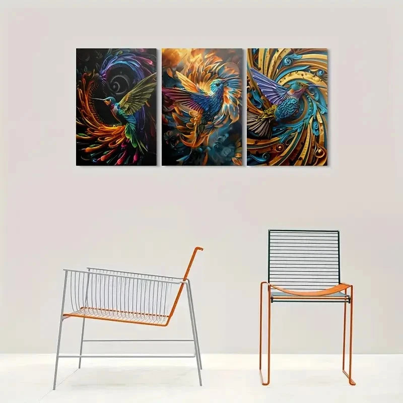 3pcs Colorful Hummingbird Abstract Metal Print Ready to Hang Art