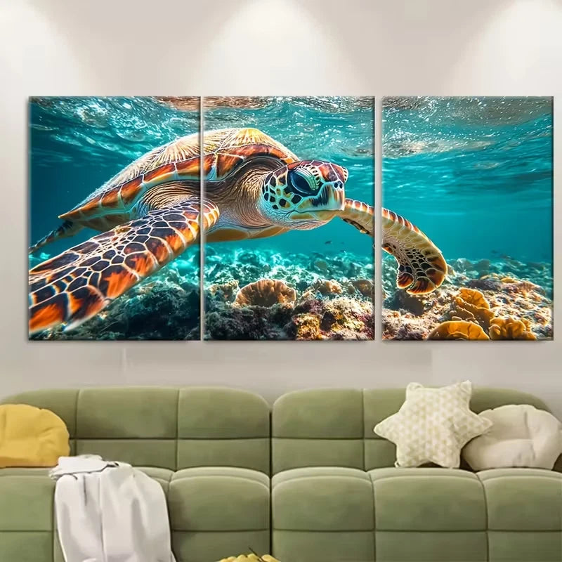 3pcs Aquatic Serene Underwater Turtle Metal Print Ready to Hang Art