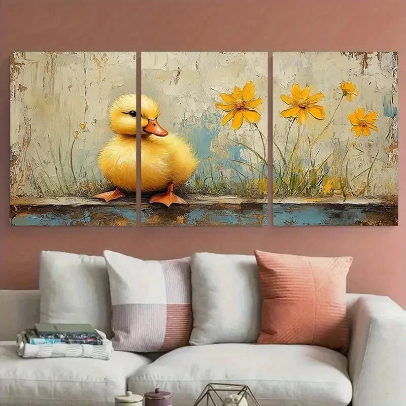 3pcs Vibrant Yellow Duckling Youngsters Animal Metal Print Ready to Hang Art