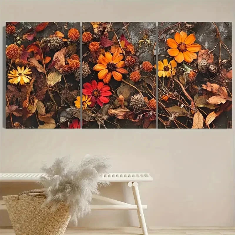 3pcs Cozy Fall Autumn Wildflower Illustration Metal Print Ready to Hang Art