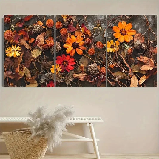 3pcs Cozy Fall Autumn Wildflower Illustration Metal Print Ready to Hang Art