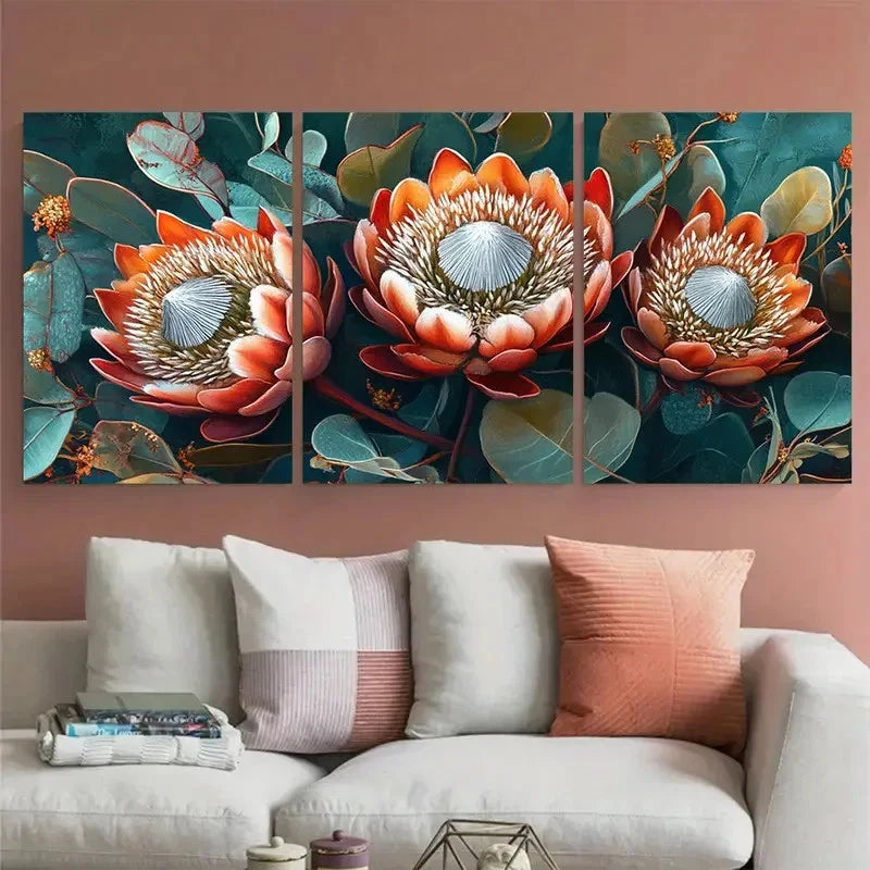3pcs South Africa Travel Floral Illustration Wall Art Set Canvas Framed 40x60cm - High Quality Print 100% Australian Made Wall Canvas Ready to Hang