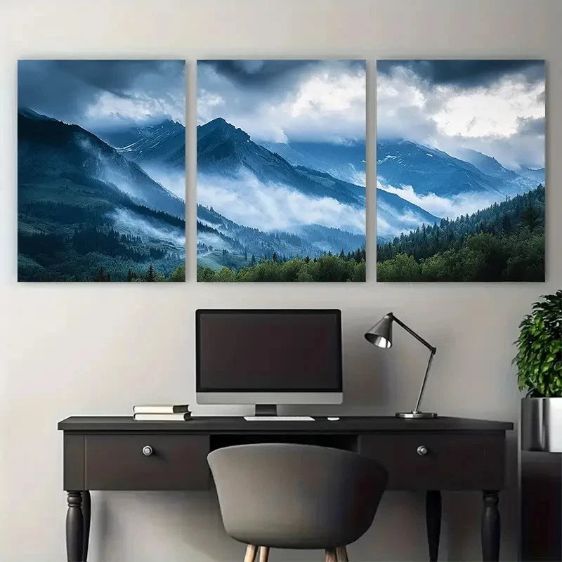 3pcs Stormy Mountain Range Serene Nature Wall Art Set Canvas Framed 50x70cm - High Quality Print 100% Australian Made Wall Canvas Ready to Hang