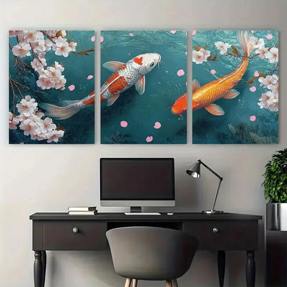 3pcs Koi Carp Cherry Blossom Illustration Metal Print Ready to Hang Art