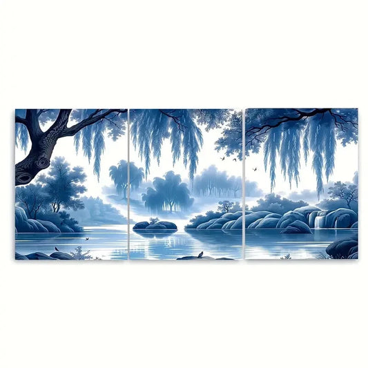 3pcs Willow Tree River Blue Chinoiserie Art Metal Print Ready to Hang Art