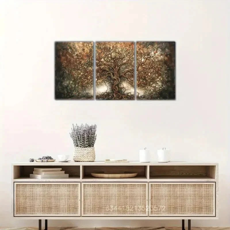 3pcs Symbolic Artwork Earthy Tones Tree of Life Metal Print Ready to Hang Art
