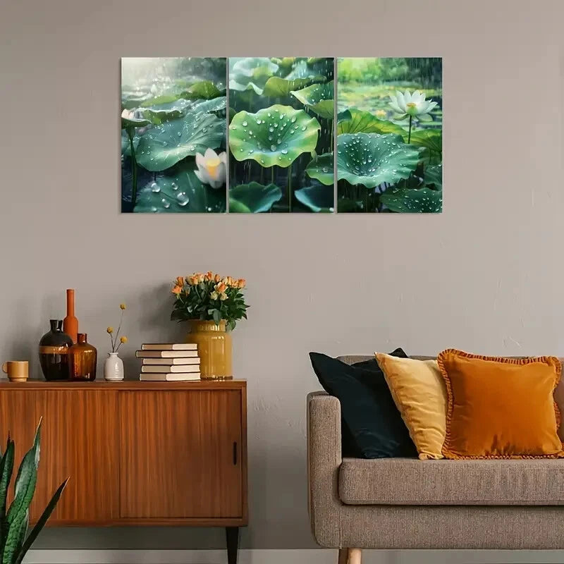 3pcs Vintage Lotus & Raindrop Design Metal Print Ready to Hang Art