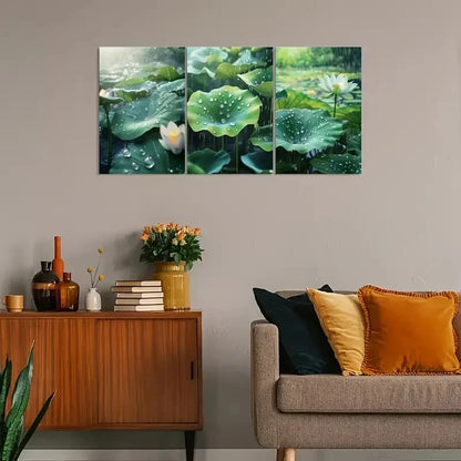 3pcs Vintage Lotus & Raindrop Design Metal Print Ready to Hang Art