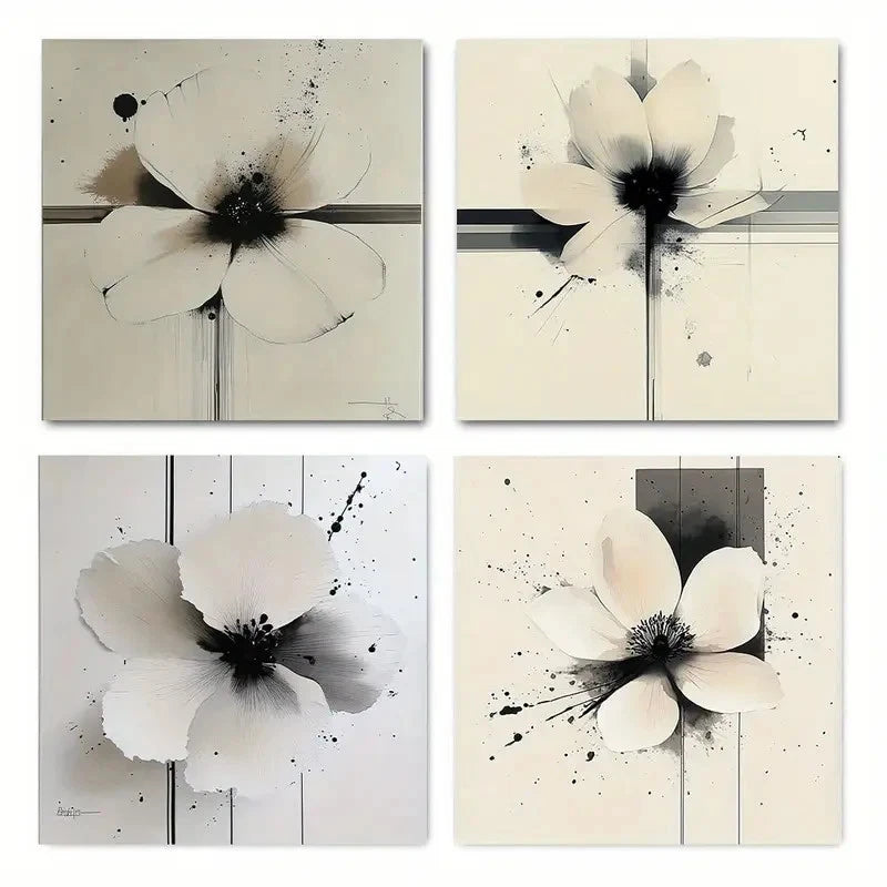 4pcs Modern Abstract Beige Flower Wall Art Canvas Framed