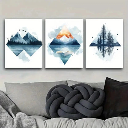 3pcs Geometric Mountain Forest Triptych Metal Print Ready to Hang Art