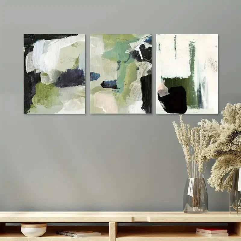 3pcs Abstract Green & White Modern Minimalist Metal Print Ready to Hang Art