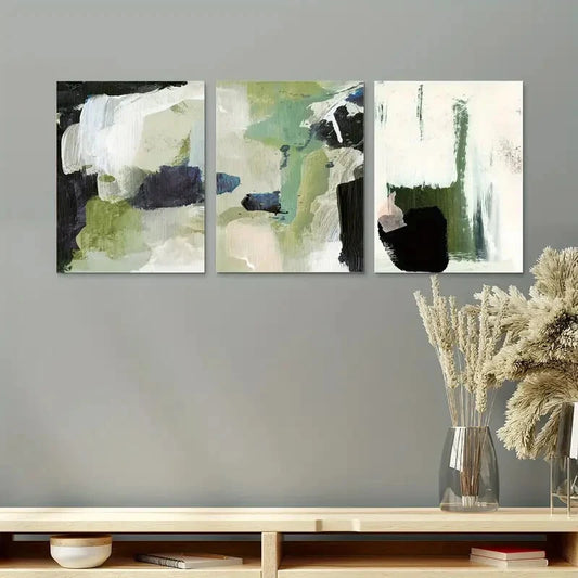 3pcs Abstract Green & White Modern Minimalist Metal Print Ready to Hang Art