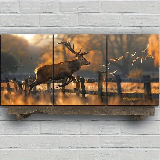 3pcs Antelope Brown Nature Trees Metal Print Ready to Hang Art