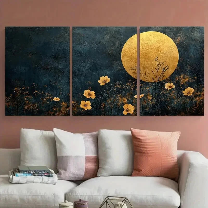3pcs Minimalist Golden Circle Dark Floral Design Metal Print Ready to Hang Art
