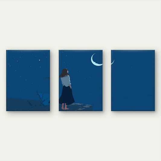 3pcs Woman With Night Sky and Crescent Moon Wall Art Set Canvas Framed 50x70cm - High Quality Print 100% Australian Made Wall Canvas Ready to Hang