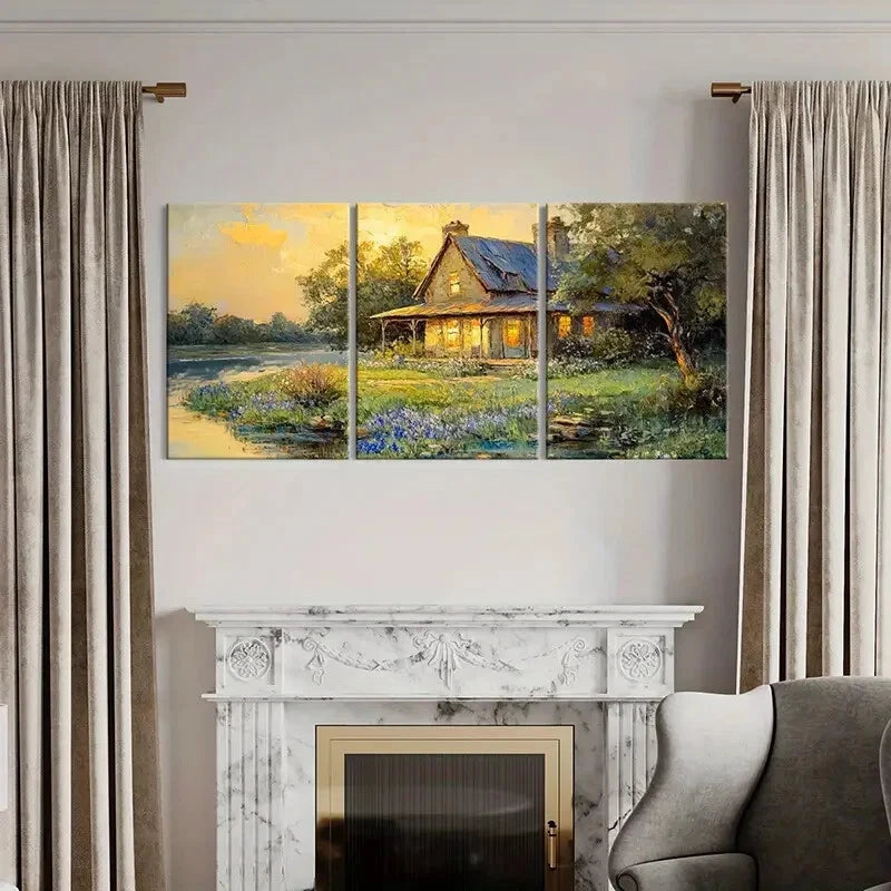 3pcs Rustic Cottage Warm Lighting Floral Garden Metal Print Ready to Hang Art