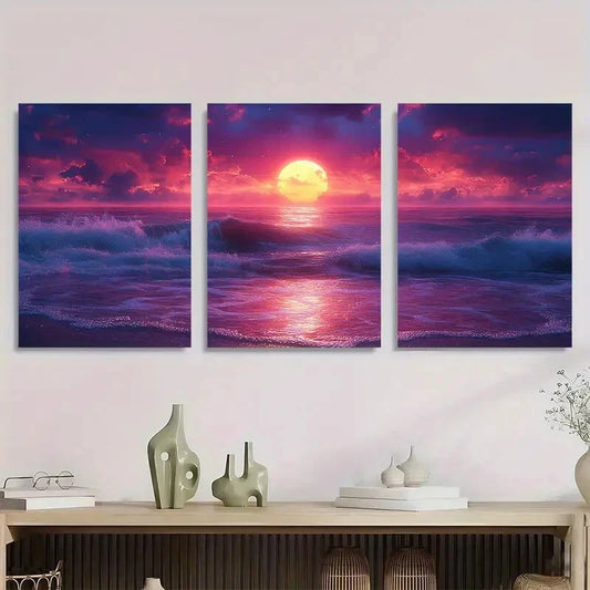 3pcs Synthwave Sunset Ocean Waves Metal Print Ready to Hang Art