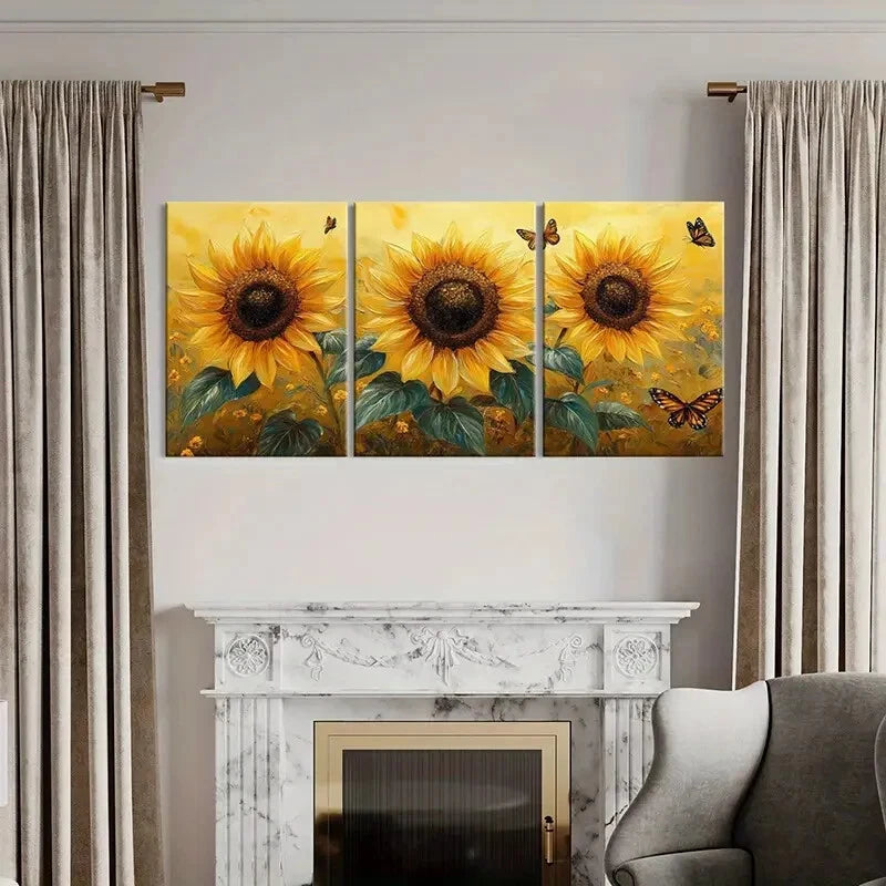 3pcs Sunflowers Butterflies Vibrant Colors Metal Print Ready to Hang Art