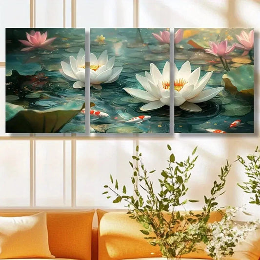 3pcs Lotus Blossom Serene Water Lily Pond Metal Print Ready to Hang Art