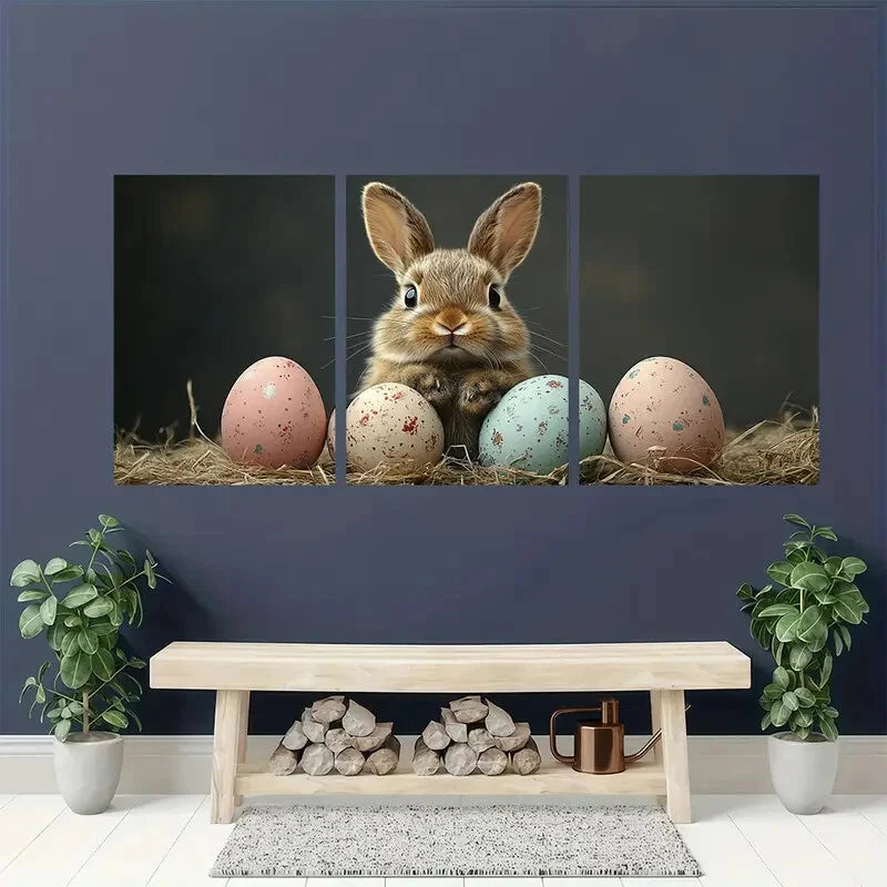 3pcs Black Retro Easter Bunny Pastel Perfect Wall Art Set Canvas Framed 40x60cm - High Quality Print 100% Australian Made Wall Canvas Ready to Hang