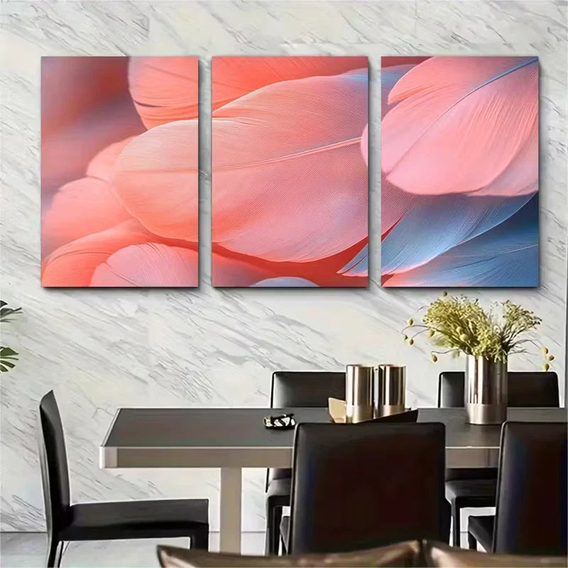 3pcs Ethereal Coral Pink Feather Metal Print Ready to Hang Art