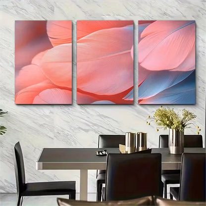 3pcs Ethereal Coral Pink Feather Metal Print Ready to Hang Art