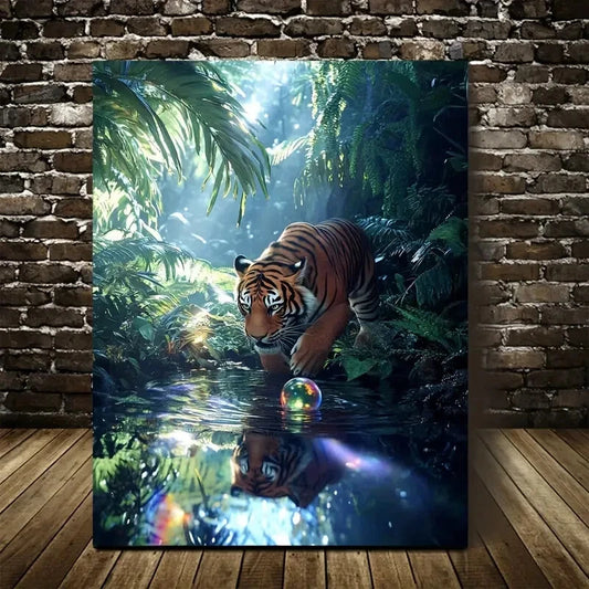 Scene of Tiger Playing with a Ball In a Deep Painting 40x60cm Metal Print Ready to Hang