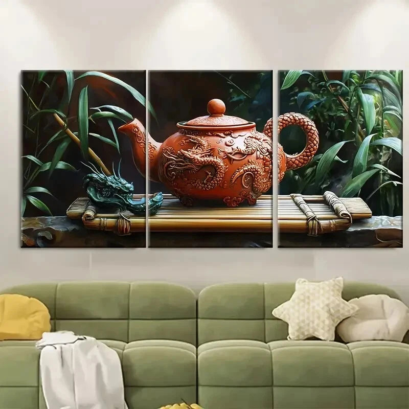 3pcs Clay Teapot with Dragon Motifs and Bamboo TrayMetal Print Ready to Hang Art
