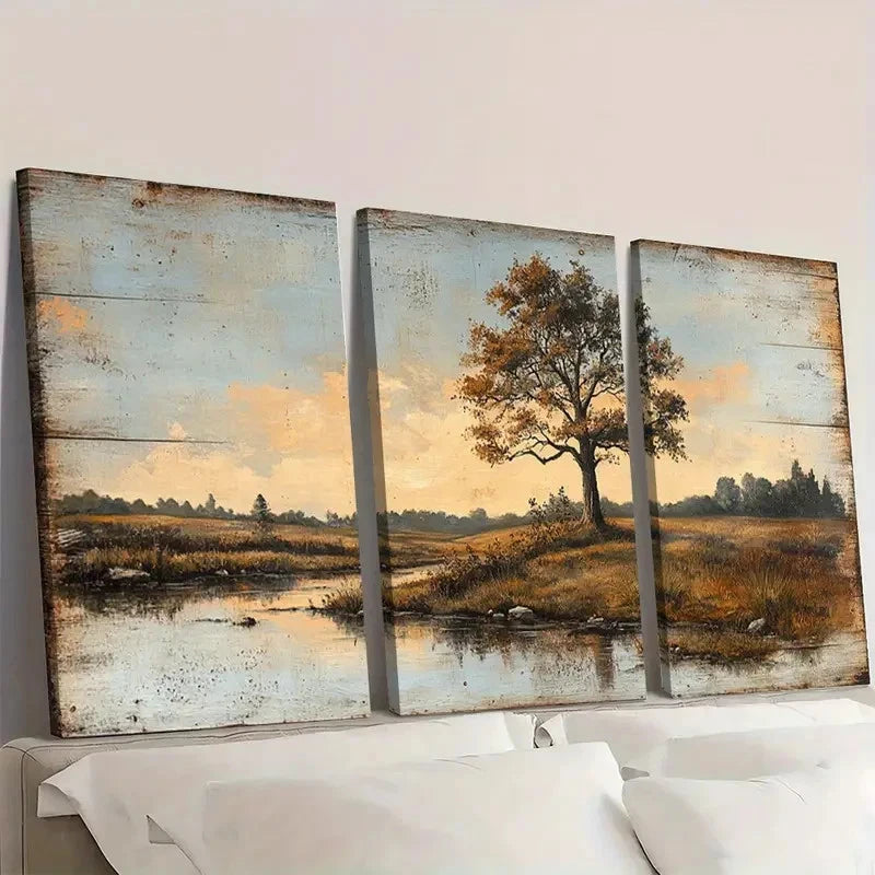 3pcs Countryside  Scene with Trees and Water C    Wall Art Set Canvas Framed 60x90cm - High Quality Print 100% Australian Made Wall Canvas Ready to Hang