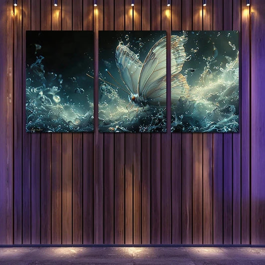 3pcs Crystal Butterfly with water Splashes Metal Print Ready to Hang Art