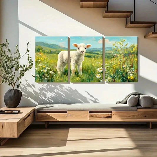 3pcs Spring Meadow Lamb & Floral Landscape Metal Print Ready to Hang Art